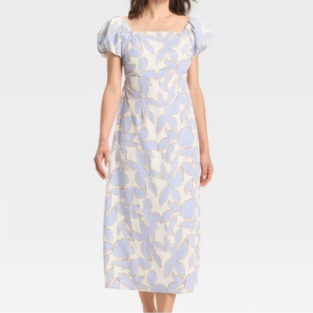 a new day Floral Puff Sleeve Midi Dress Cream / Periwinkle Blue w/ Pockets
